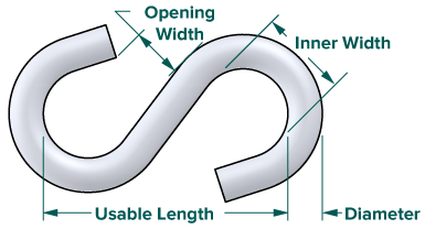 Heavy open style S hook dimensions
